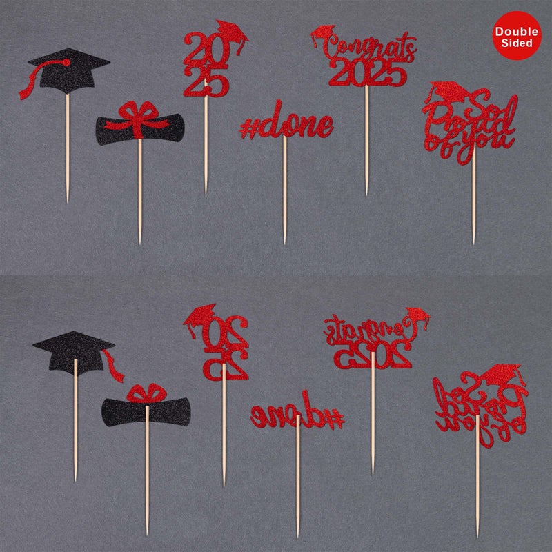 Gexolenu 36 pcs Class of 2025 Graduation Cupcake Toppers, Red Glitter Double-Sided Grad Cap Cake Picks for Party Supplies, Decorations - Image 4